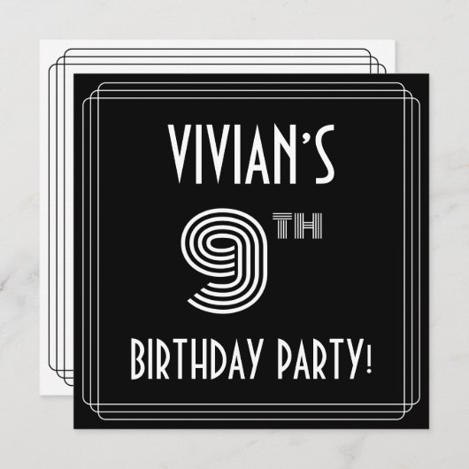 Invitation 9e fête d'anniversaire : Style Art Déco avec nom p (Devant / Derrière)