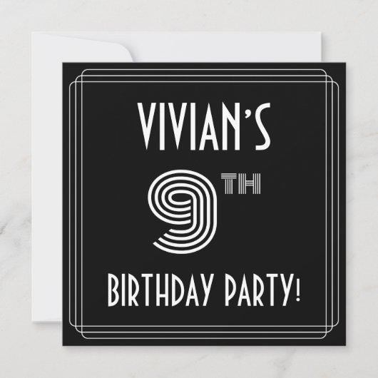 Invitation 9e fête d'anniversaire : Style Art Déco avec nom p (Devant)