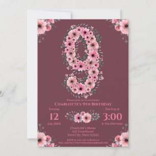 Invitation 9ème Grosse Fille Anniversaire Fleurs roses Lieux