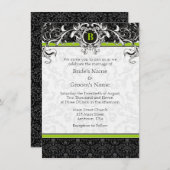 Invitation A6 Lime Green Black Damask Monogramme Mariage (Devant / Derrière)