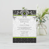 Invitation A6 Lime Green Black Damask Monogramme Mariage (Debout devant)