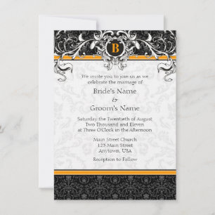 Invitation A6 Un mariage de monogrammes orange et noir de Dam