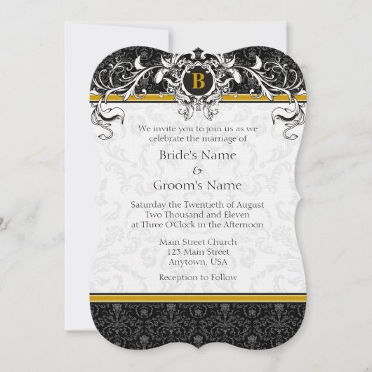 Invitation A7 Gold & Black Damask Monogramme Mariage Invite (Devant)