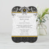 Invitation A7 Gold & Black Damask Monogramme Mariage Invite (Debout devant)