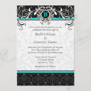 Invitation A7 Mariage de monogrammes noir turquoise
