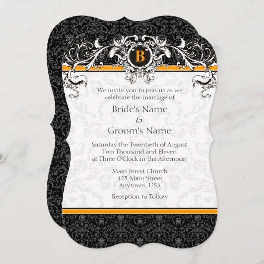 Invitation A7 Orange & Noir Damask Monogramme Mariage Invite (Devant / Derrière)