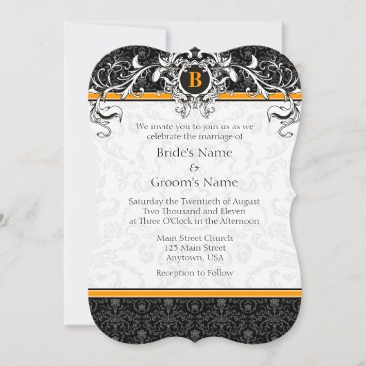 Invitation A7 Orange & Noir Damask Monogramme Mariage Invite (Devant)