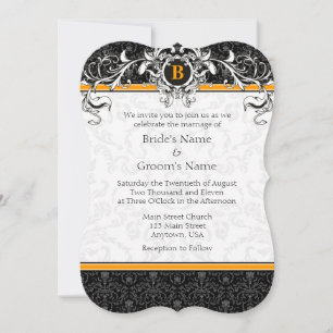 Invitation A7 Orange & Noir Damask Monogramme Mariage Invite