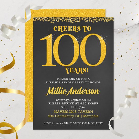 Invitation À 100 ans d'anniversaire Or Noir Centième