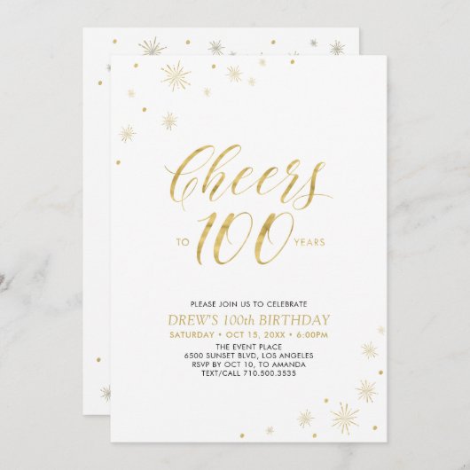 Invitation À 100 | Gold & White 100th Birthday Party (Devant / Derrière)