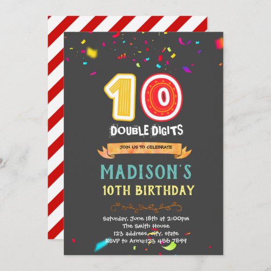 Invitation à 10e anniversaire à deux chiffres (Devant / Derrière)