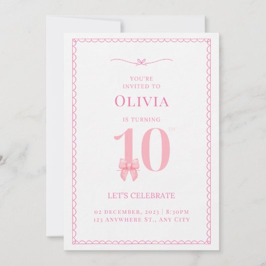 Invitation à 10e anniversaire fille rose Bow (Devant)