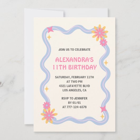 Invitation à 11e anniversaire Fleurs roses Super r (Devant)