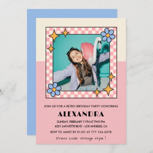 Invitation à 14e anniversaire Retro Super Rose Fle (Devant / Derrière)