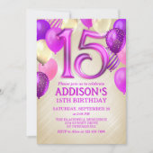 Invitation à 15e anniversaire des ballons roses (Devant)