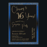 Invitation À 16 ans, fête d'anniversaire surprise, bleu<br><div class="desc">En utilisant deux polices distinctives, j'ai créé des éléments graphiques pour votre annonce et les ai embellis avec un effet doré faux-métallique pour une ambiance festive. Bien que chaque partie puisse être déplacée pour répondre à vos besoins, l'en-tête indique "Cheers to 16 Years!" et "Surprise Party". ("Surprise" peut être supprimé...</div>