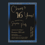 Invitation À 16 ans, fête d'anniversaire surprise, bleu<br><div class="desc">En utilisant deux polices distinctives, j'ai créé des éléments graphiques pour votre annonce et les ai embellis avec un effet doré faux-métallique pour une ambiance festive. Bien que chaque partie puisse être déplacée pour répondre à vos besoins, l'en-tête indique "Cheers to 16 Years!" et "Surprise Party". ("Surprise" peut être supprimé...</div>