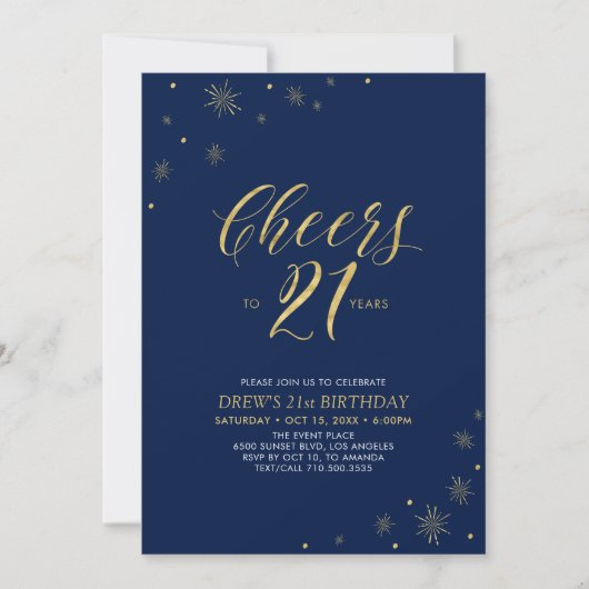 Invitation À 21 heures | Gold & Navy 21e fête d'anniversaire (Devant)