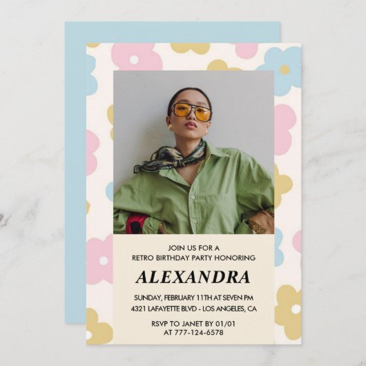 Invitation à 21e anniversaire Fleurs Super rétro m (Devant / Derrière)