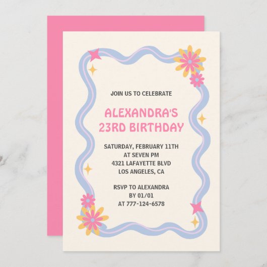 Invitation à 23e anniversaire Retro Super Rose Fle (Devant / Derrière)
