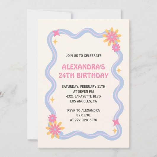 Invitation à 24e anniversaire Retro Super Rose Fle (Devant)