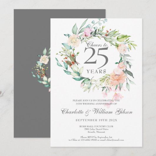 Invitation À 25 Ans de Mariage Roses Argentées (Devant / Derrière)