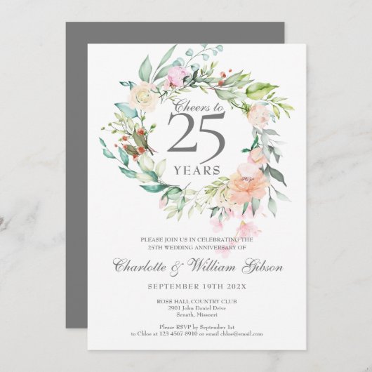Invitation À 25 ans de mariage, roses de jubilé d'argent (Devant / Derrière)