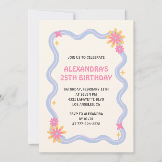 Invitation à 25e anniversaire Retro Super Rose Fle (Devant)