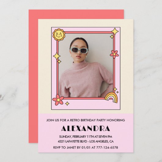 Invitation à 25e anniversaire Retro Super Rose Fle (Devant / Derrière)