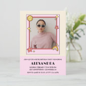 Invitation à 28e anniversaire Retro Photo Pink Flo (Debout devant)