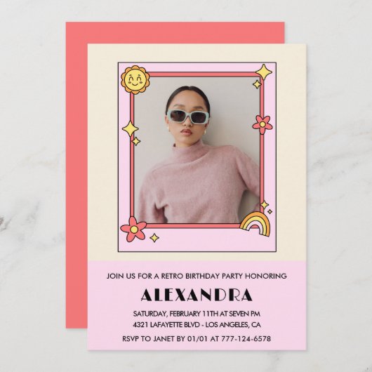 Invitation à 32e anniversaire Retro Photo Pink Flo (Devant / Derrière)