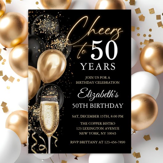 Invitation À 50 Ans Ballons Noirs et Dorés