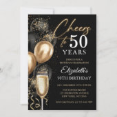 Invitation À 50 Ans Ballons Noirs et Dorés (Devant)