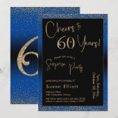 Invitation À 60 ans, fête d'anniversaire surprise, bleu (Devant / Derrière)