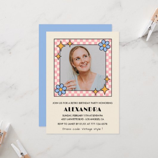 Invitation à 60e anniversaire Retro Super Blue Flo (Devant/Arrière en situation)