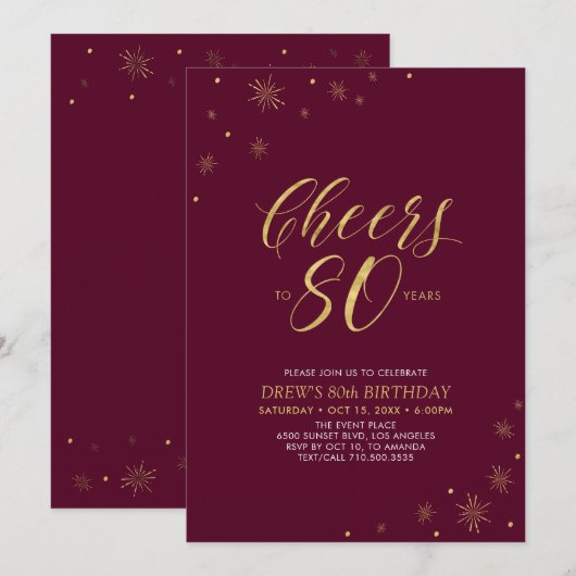 Invitation À 80 | Gold & Bourgogne fête du 80e anniversaire (Devant / Derrière)
