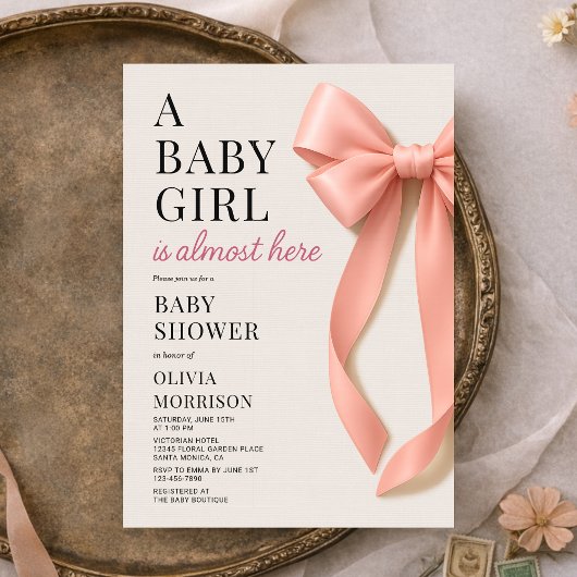 Invitation A Baby Girl is Almost Here Pink Bow Baby Shower