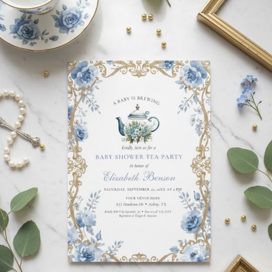 Invitation A Baby Is Brewing Blue Floral Shower