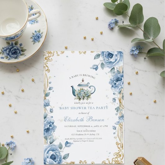 Invitation A Baby Is Brewing Blue Floral Shower