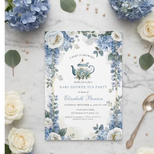 Invitation A Baby Is Brewing Blue Floral Shower