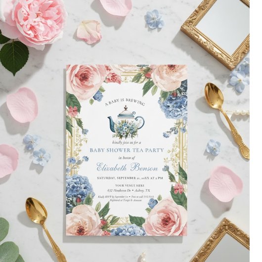 Invitation A Baby Is Brewing Blue Floral Shower