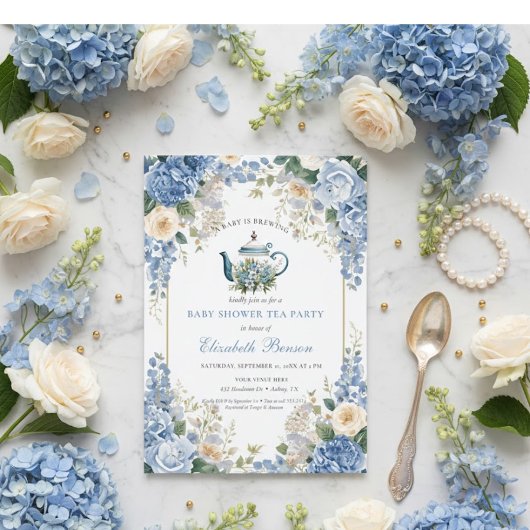 Invitation A Baby Is Brewing Blue Floral Shower