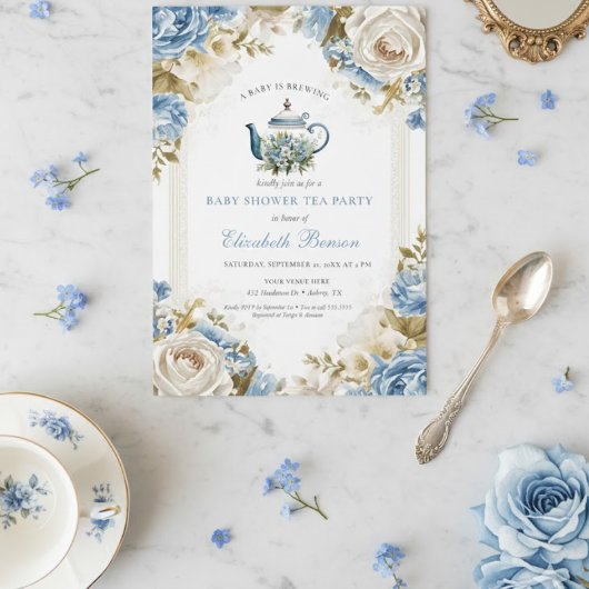 Invitation A Baby Is Brewing Blue Floral Shower