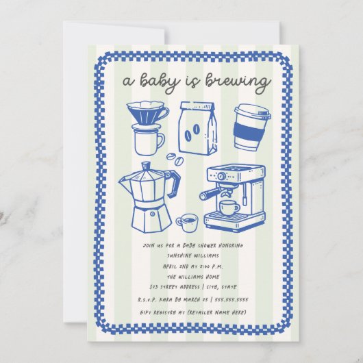 Invitation A Baby Is Brewing Doodle Boy Blue Baby Shower (Devant)