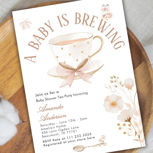 Invitation A Baby Is Brewing Tea Party Bow Baby Shower Pastel