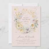 invitation à baby shower blanc botanique rose (Devant)