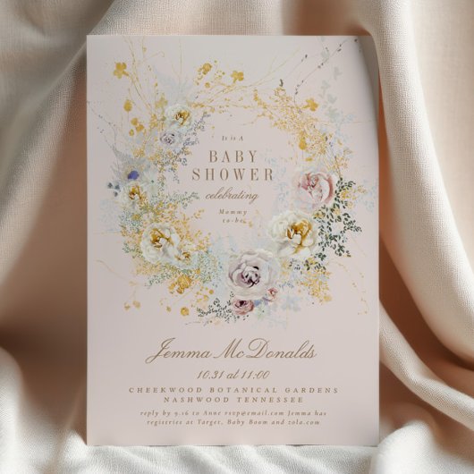 invitation à baby shower blanc botanique rose