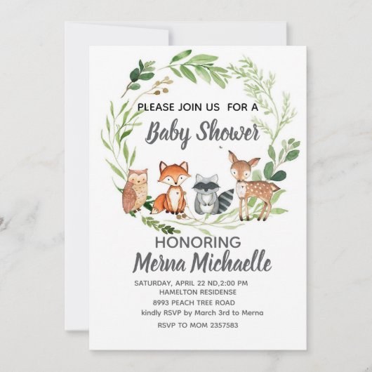invitation à baby shower d'animaux de bois (Devant)