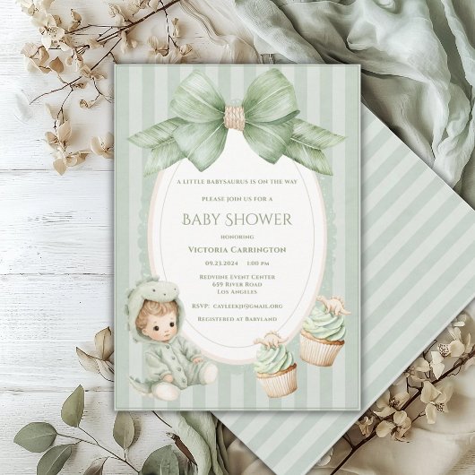 Invitation A Babysauraus is on the Way Sage Green Baby Invita