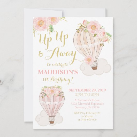 Invitation à ballons d'air chaud 1er anniversaire (Devant)